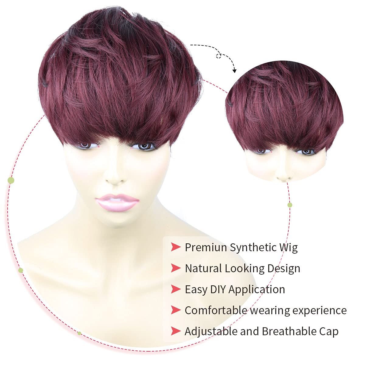 6 Inch RED Short Side Bang Straight Wig