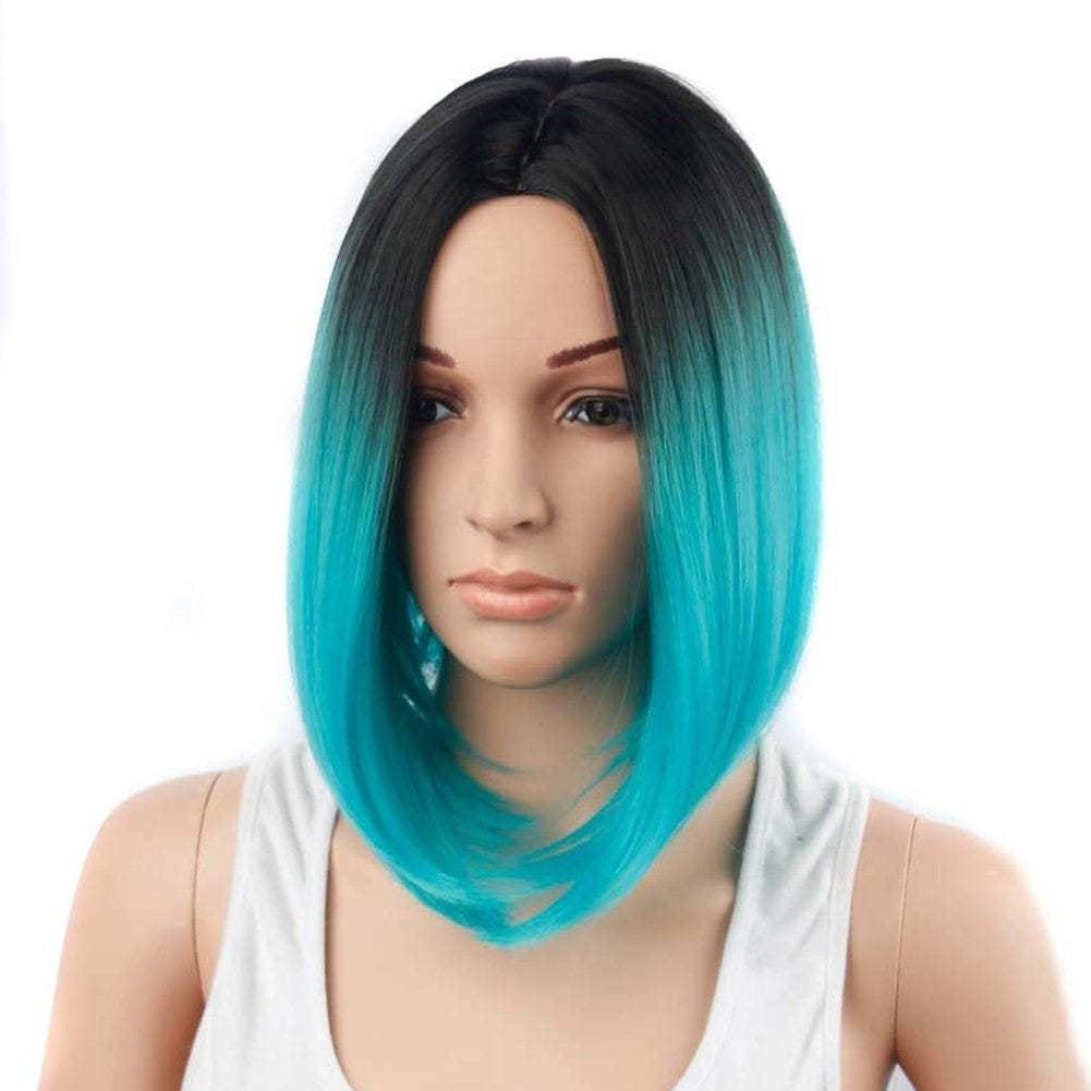 Aqua blue on black ombre 14" | trendy wigs | synthetic top quality heat resistant fiber | human hair look and feel | best seller