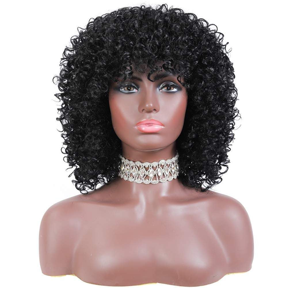 Natural black short kinky synthetic afro heat resistant full curly wig with bangs