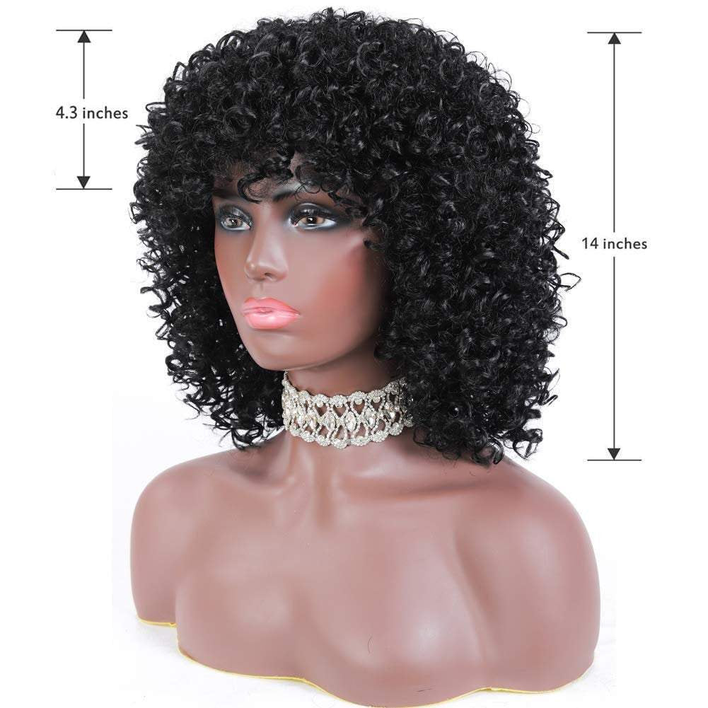 Natural black short kinky synthetic afro heat resistant full curly wig with bangs