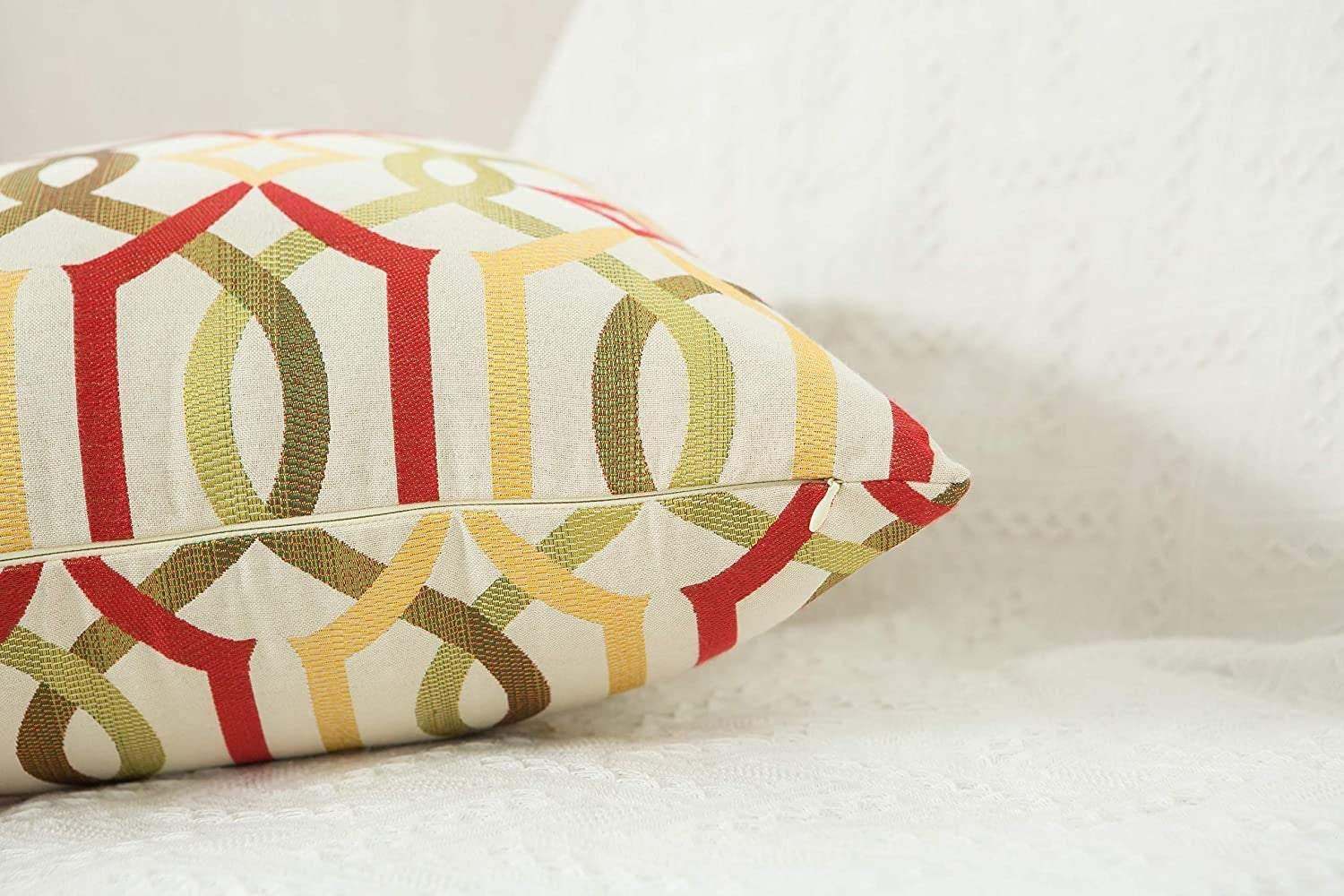 Red jacquard geometric link accent decorative throw pillow covers multicolor 18x18 cotton linen home office sofa couch decor