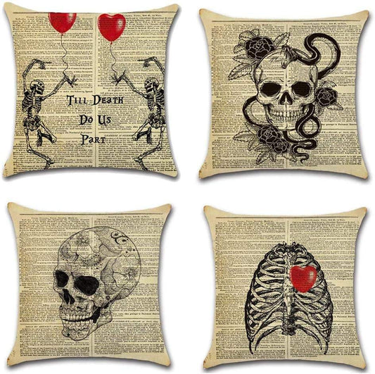 Vintage valentine day till death do us part decorative throw pillow covers skulls newspaper background pillow case home décor gift set