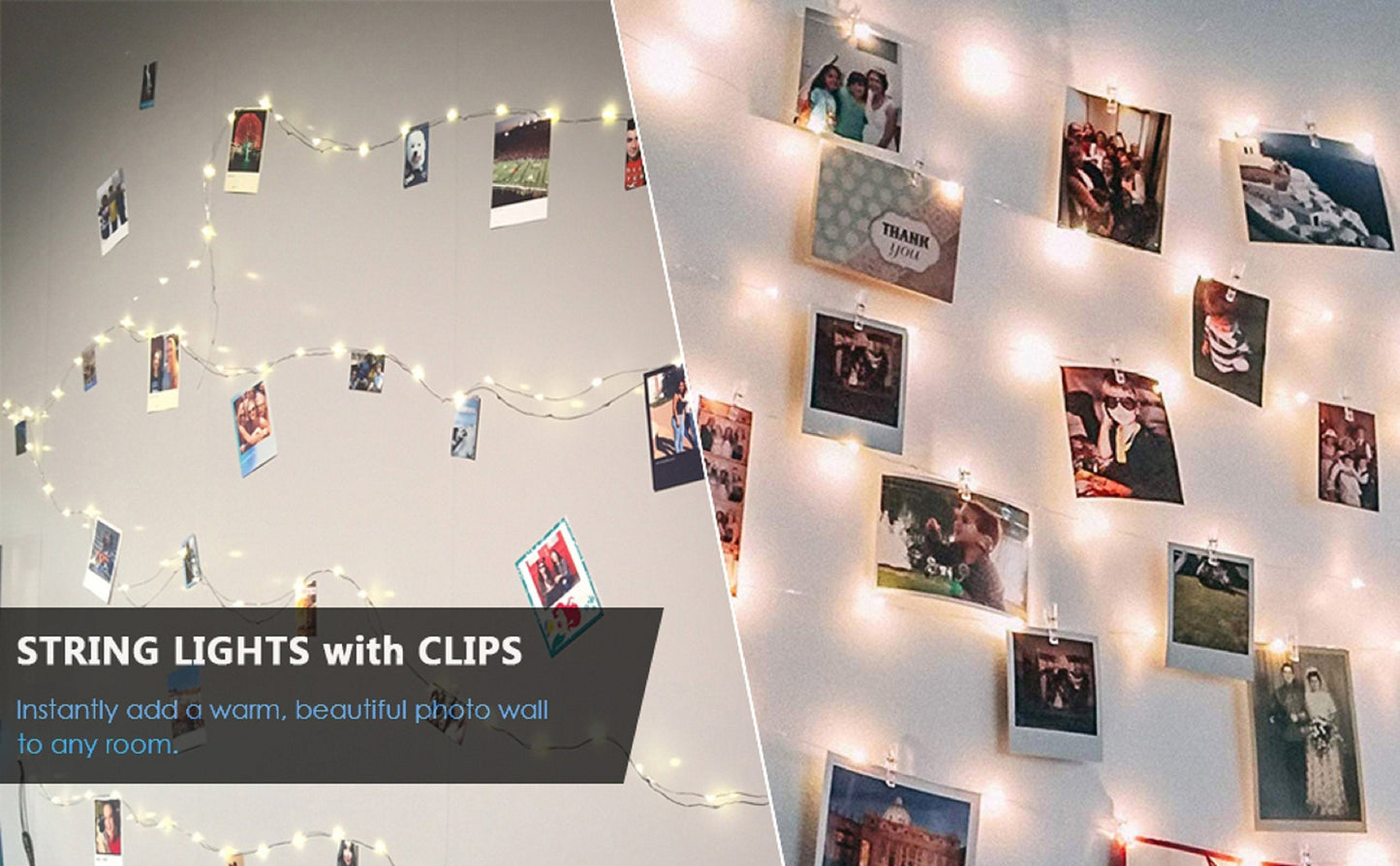 Led fairy string lights 33ft with 100 lights & 50 photo clips remote 8 modes hang photos pictures bedroom decoration usb operated warm white