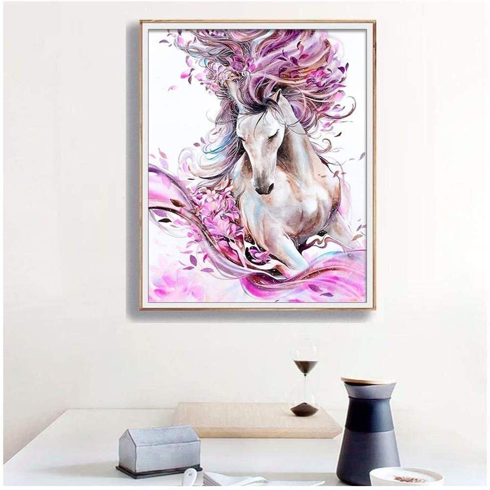 Pink horse diy 5d diamond painting kits for adults, diamond art full drill embroidery paint with diamond kit for home wall décor 12x16 inch