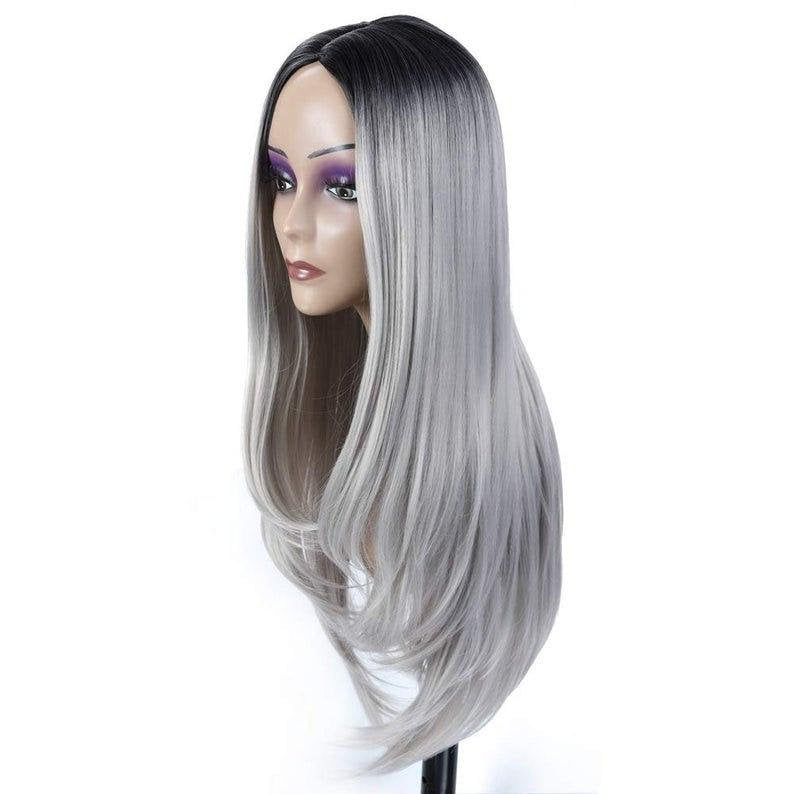 Gray synthetic middle part natural straight heat resistant cosplay wig 26 inch for daily wear, cosplay, costume, drag and stage wear