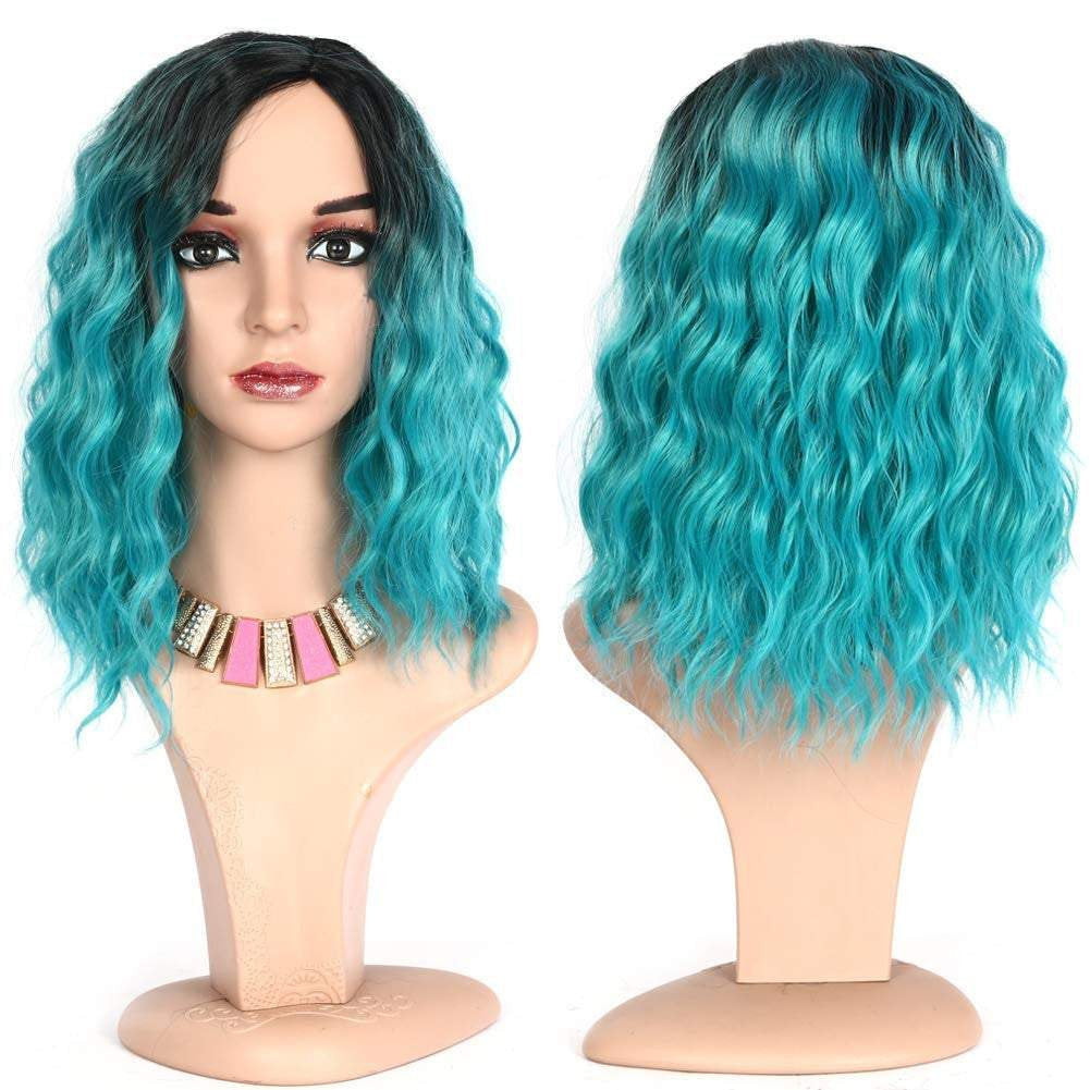 Aqua blue on black wavy ombre 14" | trendy wigs | synthetic top quality heat resistant fiber | human hair look and feel | best seller