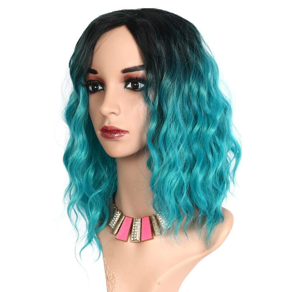 Aqua blue on black wavy ombre 14" | trendy wigs | synthetic top quality heat resistant fiber | human hair look and feel | best seller