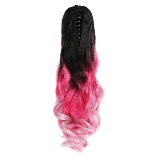 Triple ombre black to rose red to pink curly ponytail hair extensions natural human hair feel synthetic kinky curly hairpiece 22" claw clip