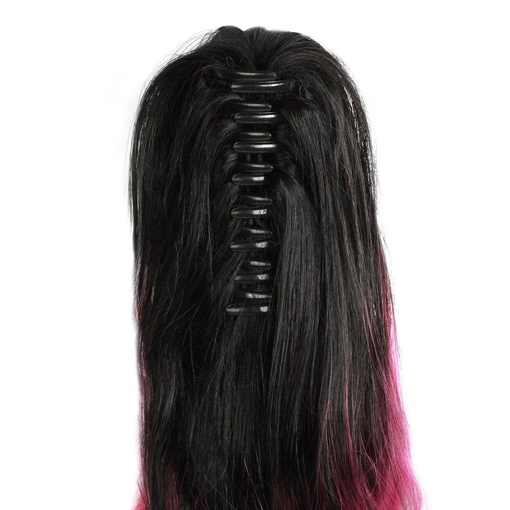 Triple ombre black to rose red to pink curly ponytail hair extensions natural human hair feel synthetic kinky curly hairpiece 22" claw clip