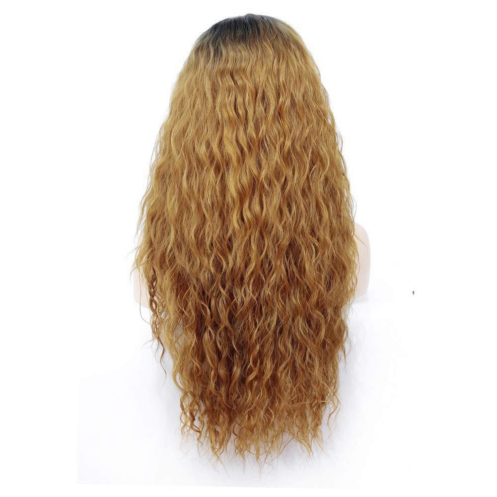 Human hair feel high quality curly blonde ombre lace front natural wave 28" middle part black roots synthetic dail wear wig