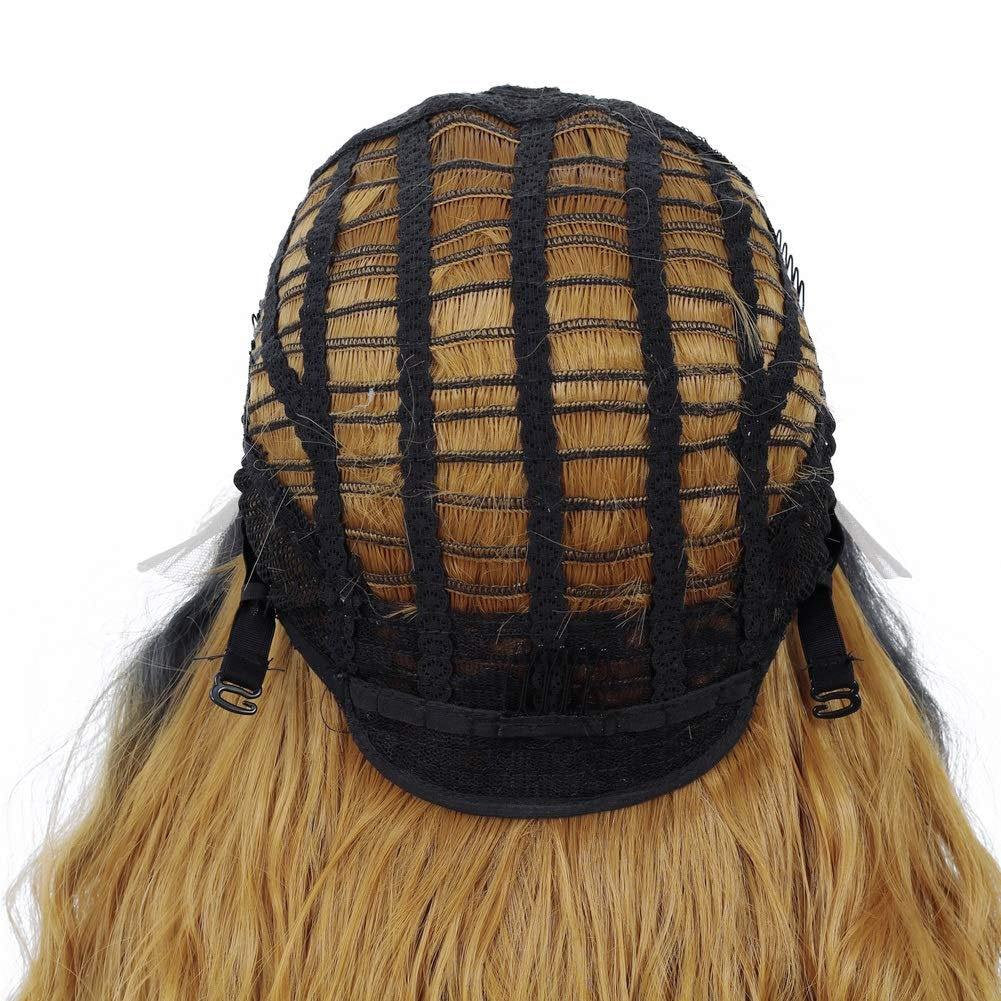 Human hair feel high quality curly blonde ombre lace front natural wave 28" middle part black roots synthetic dail wear wig