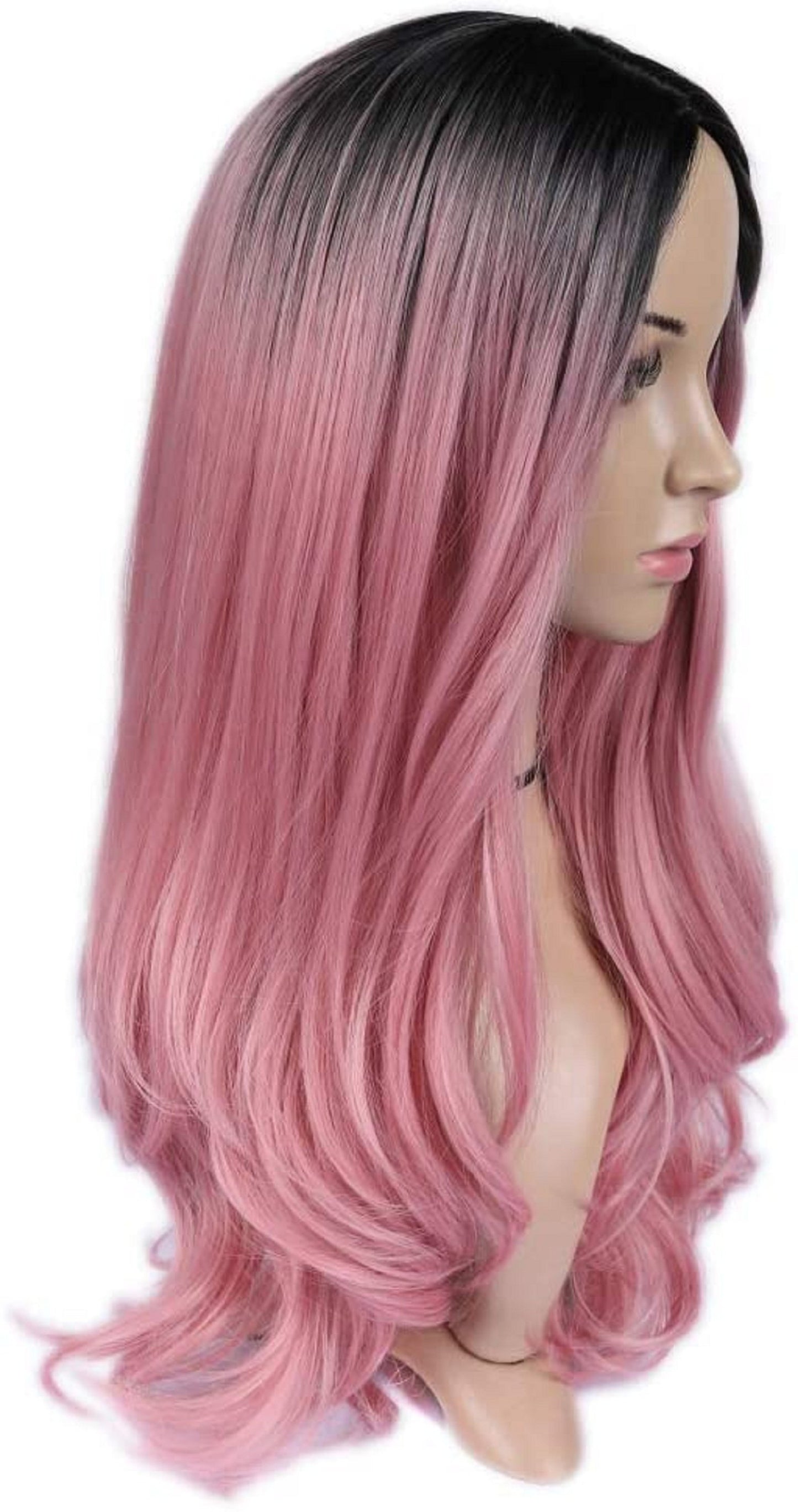 Trendy wig black to candy pink synthetic heat resistant curly wig 22"