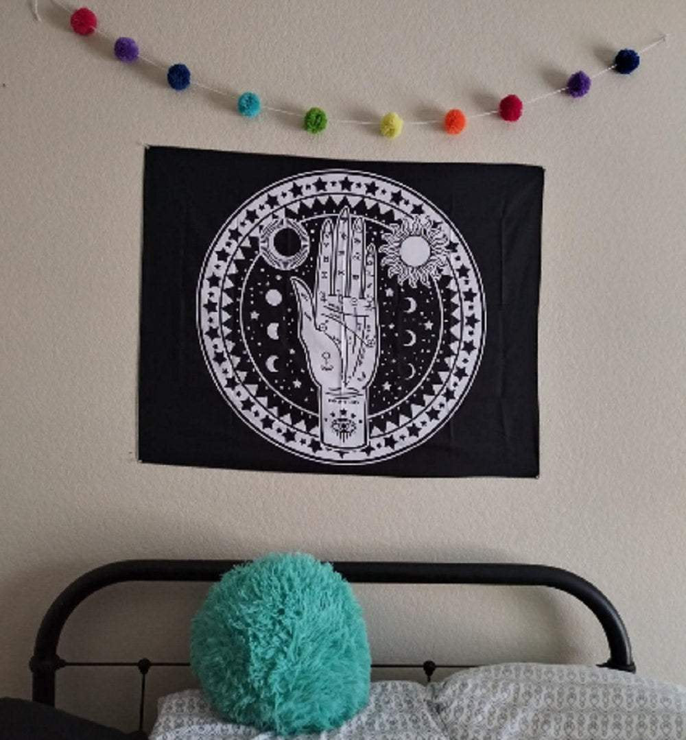 Celestial palmistry hand energy mystic tapestry | bedroom | living room | black and white tapestry | wall hanging size is 37" w x 28" l