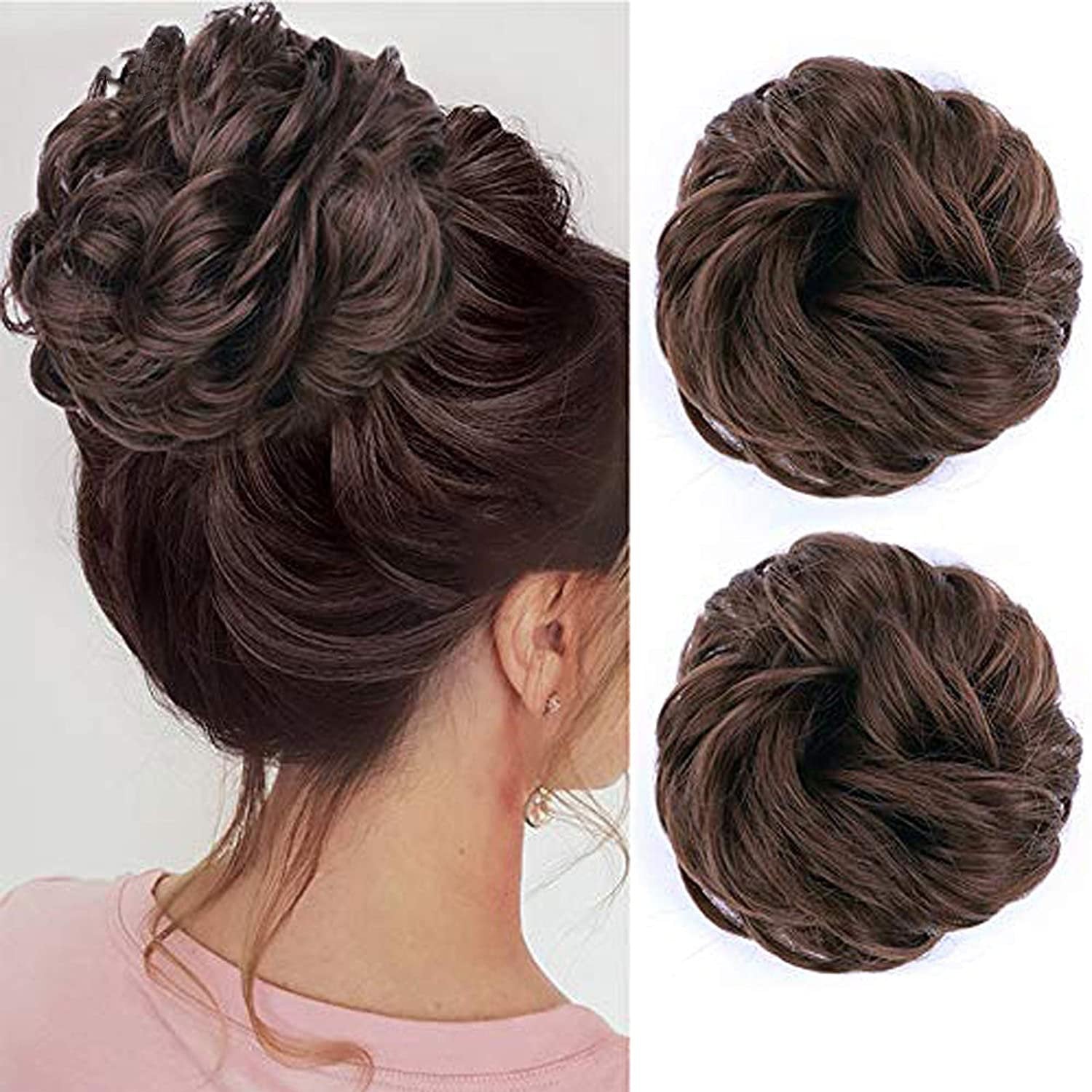 Dark Mocha Brown Messy Buns | Set of 2 | Limited Time Offer | Act Now! | FAUX Human Hair Curly Chignon Extensions Scrunchy Updo Hairpieces
