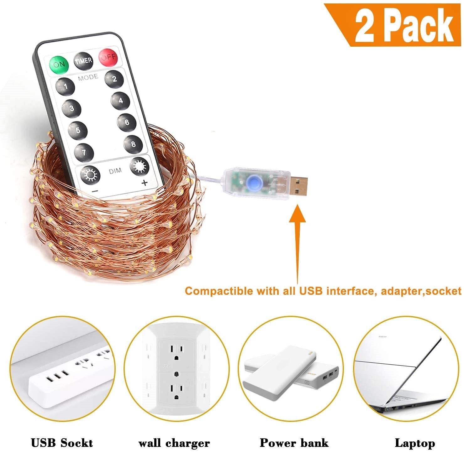 Fairy Lights 2 Pack 33FT 100 LED Lights with Remote Control Timer Waterproof 8 Mode Copper Wire Indoor Outdoor Decoration, Cool White