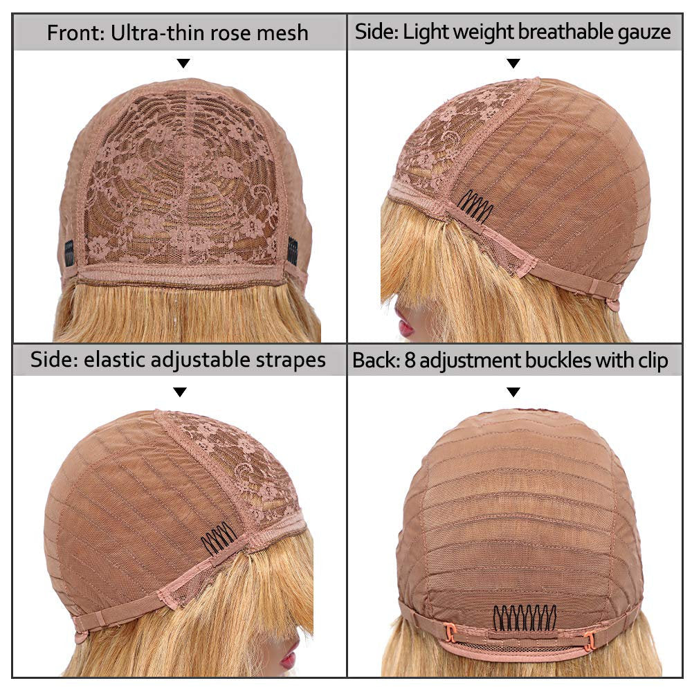 Ombre Black to Honey Blonde | Straight Human Hair Wig with Bangs | Brazilian Virgin Hair | 150% Density | Glueless Lace Front Wig | 16-28"