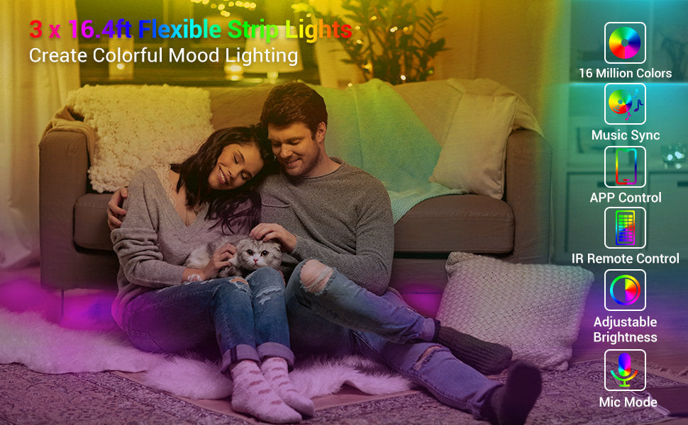 LED 50ft Led Strip Lights with App Control, Remote, Music Sync Color Changing Flexible LED Rope Lights for Bedroom, Party, Home