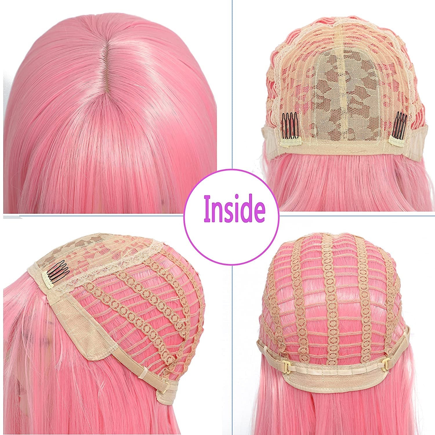 Pink bubble gum light pastel trendy looking wig with curtain air bangs heat friendly face framing synthetic bob with 12" blunt cut style