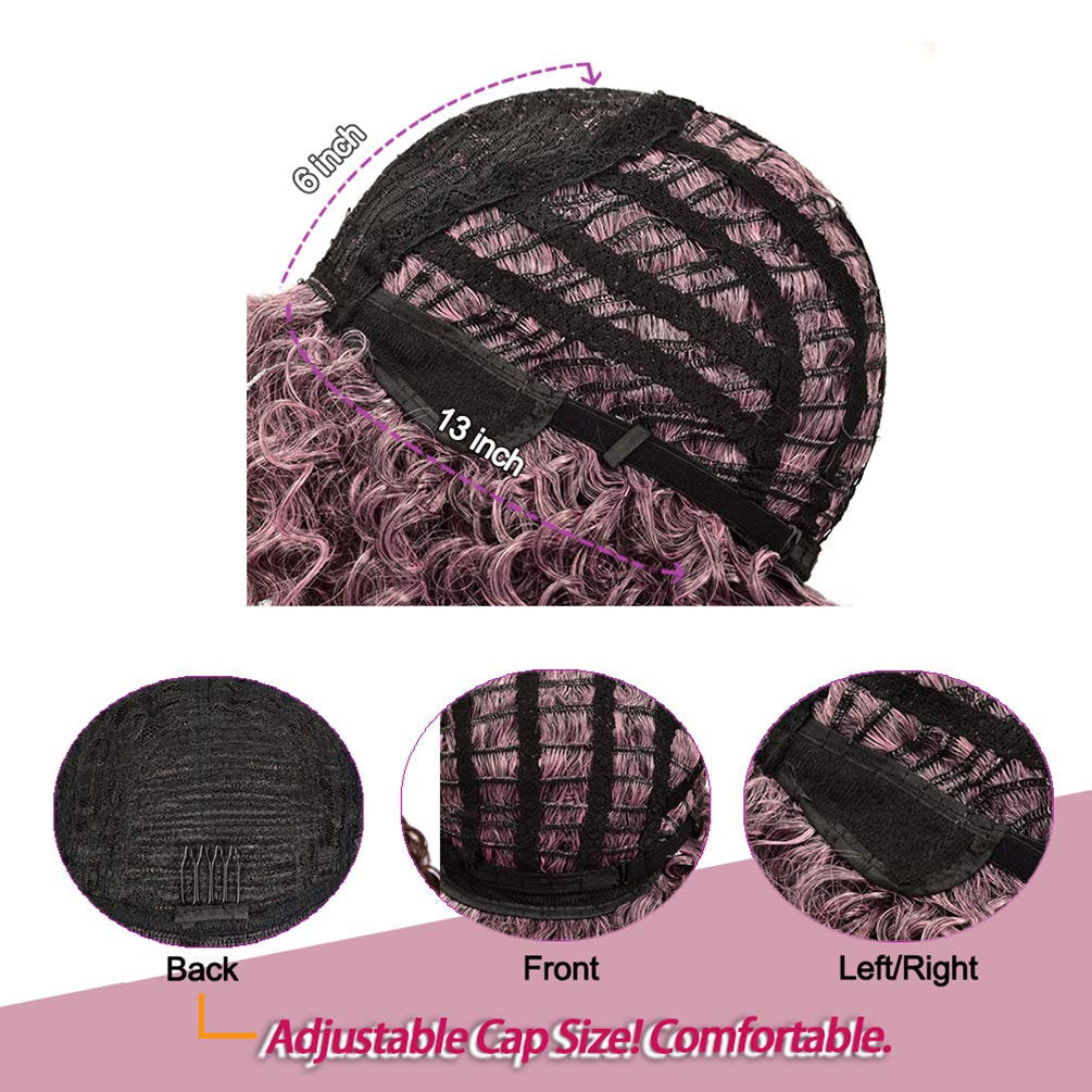 Pink and Black Ombre Synthetic Short Curly Wig Full Kinky Curly Afro Hair Wig with Bangs (Free 1pc Professional Wig Comb and 4pcs Wig Caps)