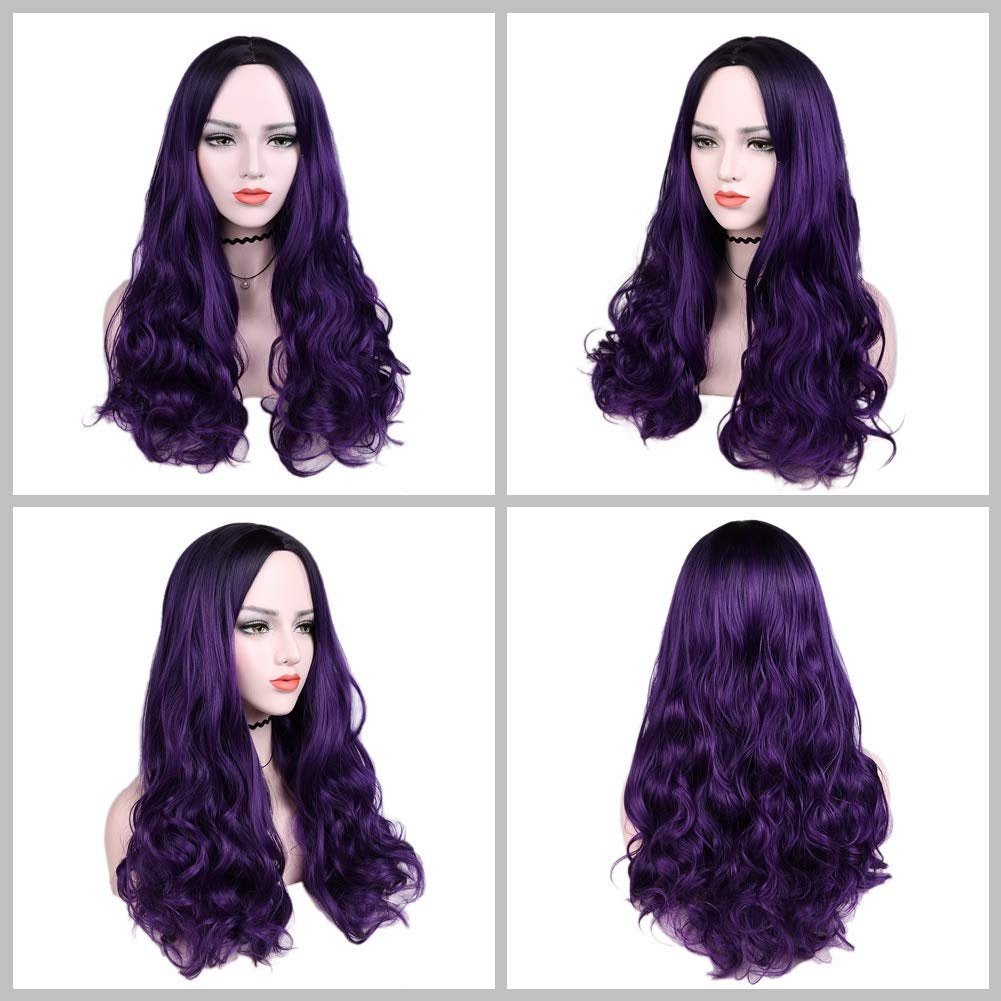 Black to Violet Purple Ombre Middle Parting Long Natural Curly Human Hair Look and Feel Heat Friendly Non Shedding Top Quality Synthetic Wig