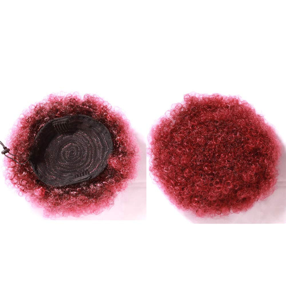 Thick faux human hair | synthetic drawstring ponytail puff | short afro kinky updo wrap hair bun | drawstrings | 2 combs | medium | #t1b/bug