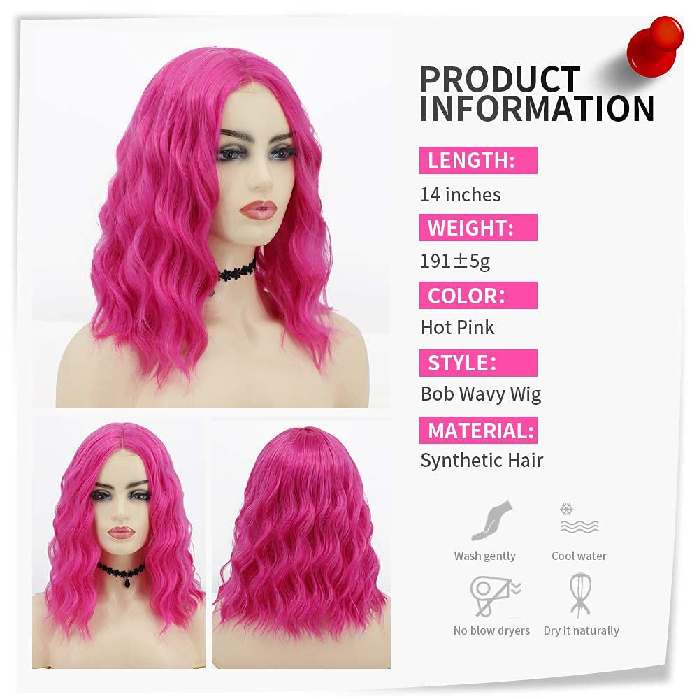 Hot Pink 14" Shoulder Length Middle Parting Full Synthetic Top with an Exquisite Lace Scalp Quality Heat Resistant Fiber Human Hair Feel Wig