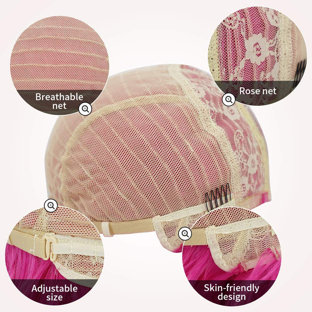 Hot Pink 14" Shoulder Length Middle Parting Full Synthetic Top with an Exquisite Lace Scalp Quality Heat Resistant Fiber Human Hair Feel Wig