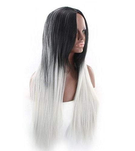 Black to white ombre wig straight 26" synthetic heat resistant ready to wear