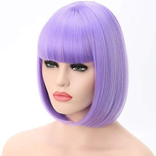 Light purple straight bob with straight bangs hand dyed synthetic 12" wig