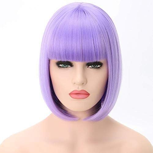 Light purple straight bob with straight bangs hand dyed synthetic 12" wig