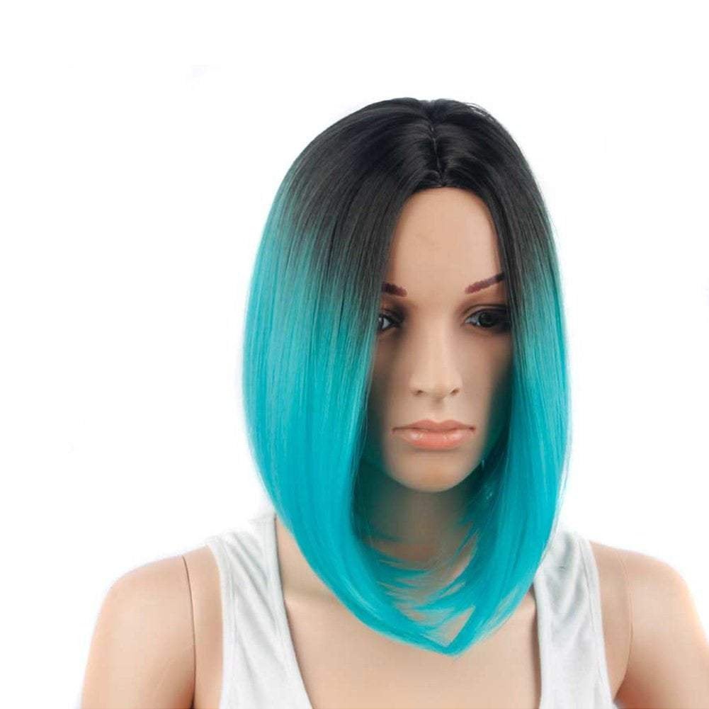 Aqua blue on black ombre 14" | trendy wigs | synthetic top quality heat resistant fiber | human hair look and feel | best seller