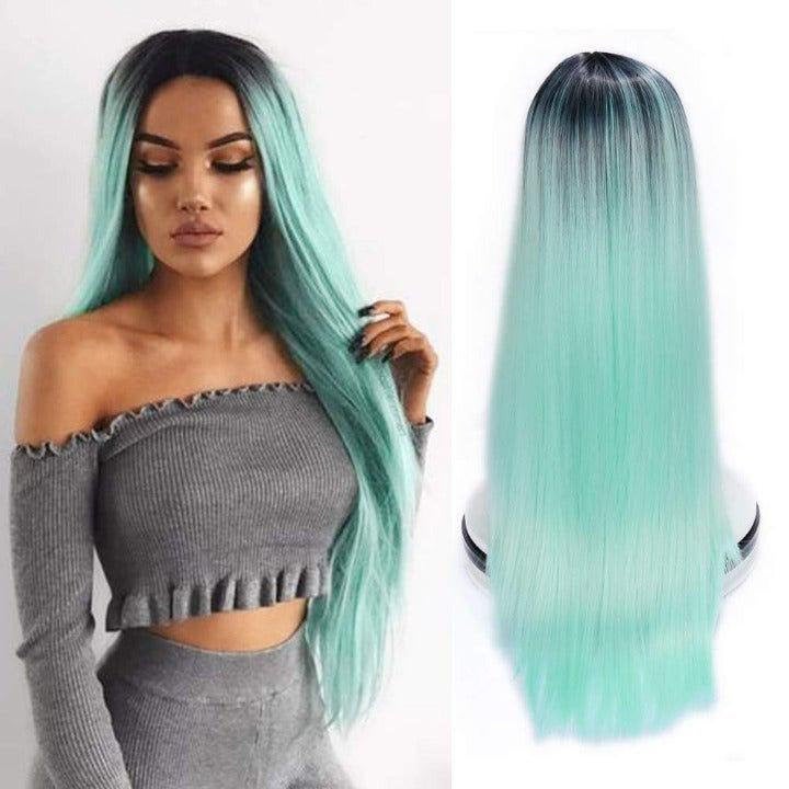 Chocolate chip mint green middle part ombre wig 26" | trendy wig | synthetic top quality heat resistant fiber | human hair look and feel