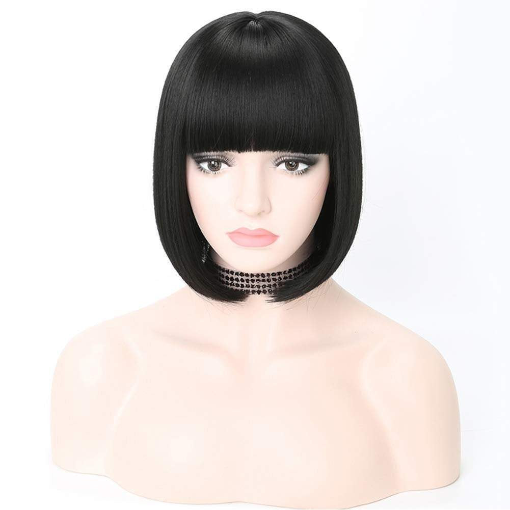Natural black #1b | straight bob with straight bangs | hand dyed synthetic 12" wig | easy to wear | quick wig | great daily wear or cosplay