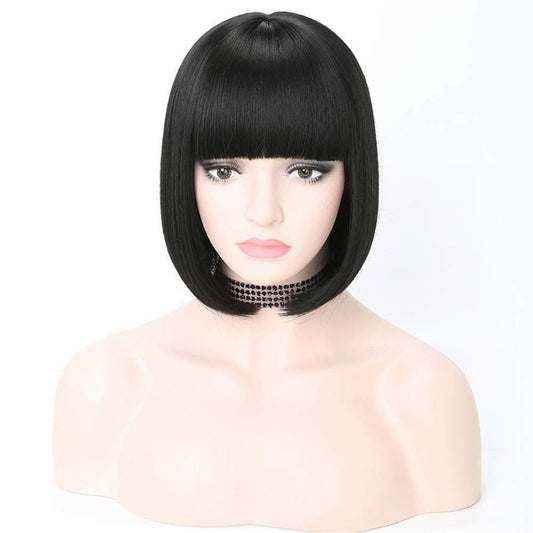 Natural black #1b | straight bob with straight bangs | hand dyed synthetic 12" wig | easy to wear | quick wig | great daily wear or cosplay