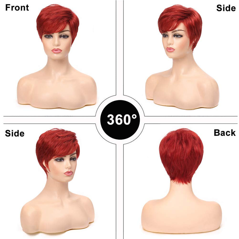 HOT RED 6" Pixie Short Side Bang Straight Wig
