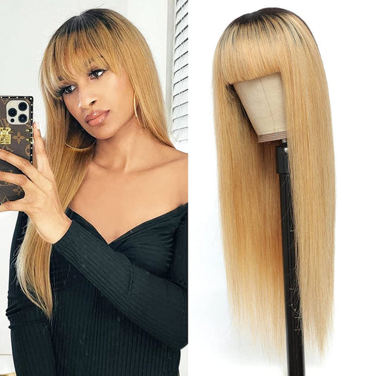Ombre Black to Honey Blonde | Straight Human Hair Wig with Bangs | Brazilian Virgin Hair | 150% Density | Glueless Lace Front Wig | 16-28"