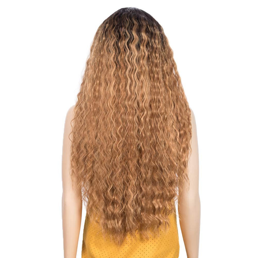 Lace Front Wig, Long Curly light Ombre Brown Blonde Wig, Natural Wave 150% Density Long Curly Heat Resistant Synthetic Wig 29"