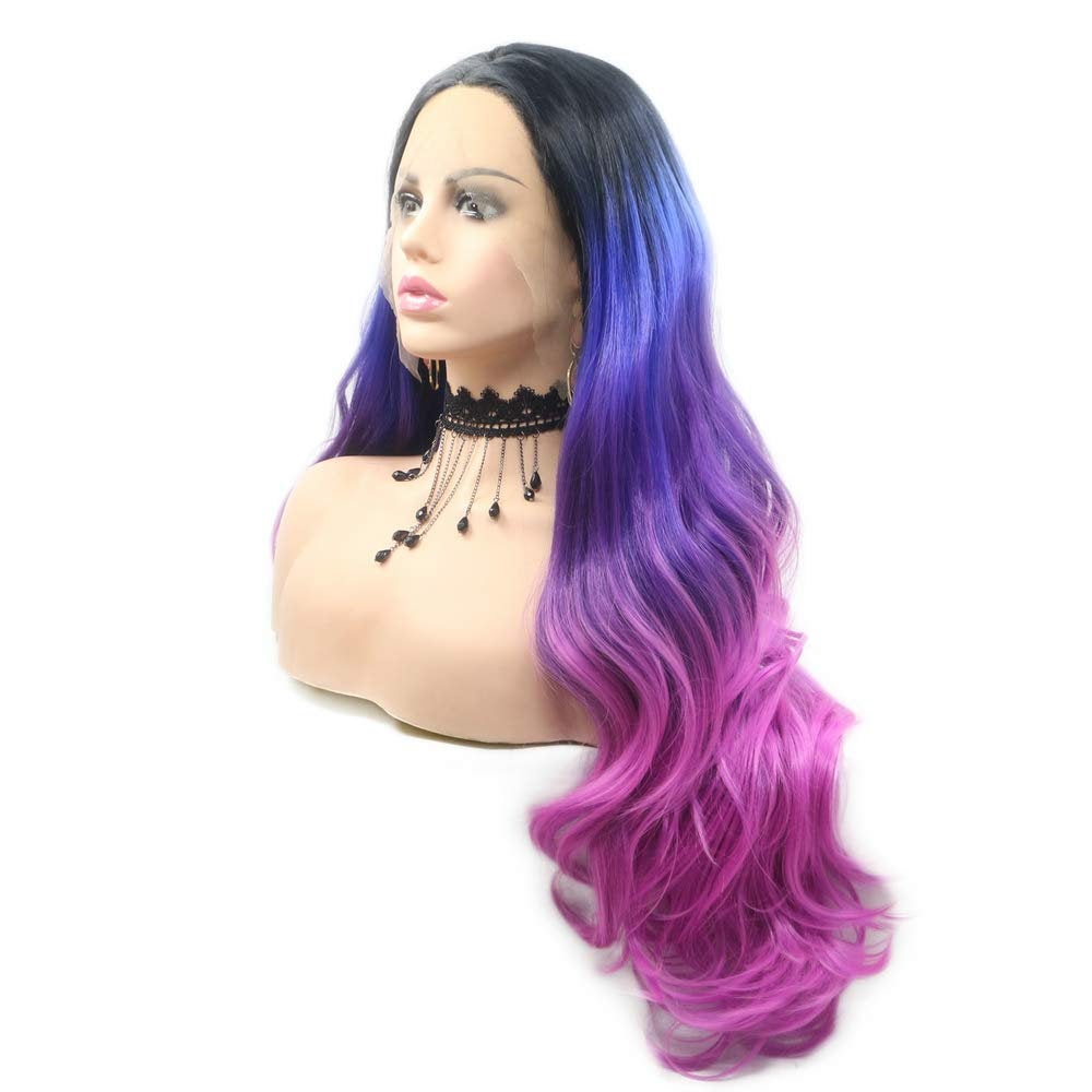 Colorful Tri Color | Black Blue Pink Mermaid | Lace Front Middle Part Synthetic Wig | Big Wave 24" | Human Hair Feel | Fashion Flawless Wig