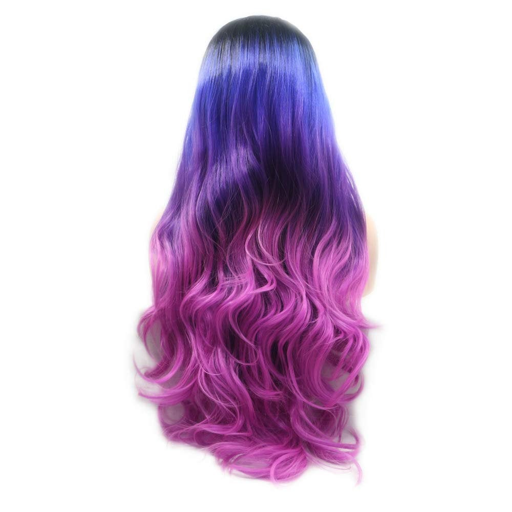 Colorful Tri Color | Black Blue Pink Mermaid | Lace Front Middle Part Synthetic Wig | Big Wave 24" | Human Hair Feel | Fashion Flawless Wig