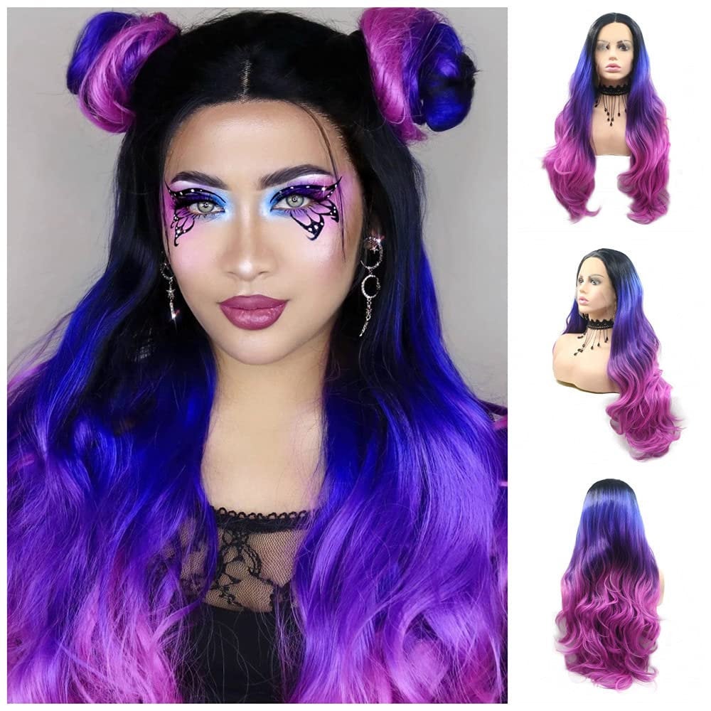 Colorful Tri Color | Black Blue Pink Mermaid | Lace Front Middle Part Synthetic Wig | Big Wave 24" | Human Hair Feel | Fashion Flawless Wig