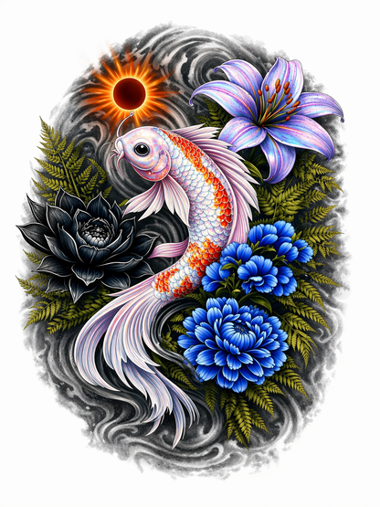 Iridescent Koi Fish Tattoo Design PNG Floral Japanese Style Wall Art Printable T Shirt Graphic Blue Flowers Purple Lily