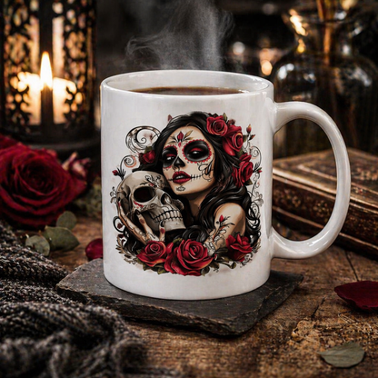 Day of the Dead Sugar Skull Woman PNG Gothic Floral La Catrina Rose Skull Dark Feminine Tattoo Style Digital Download