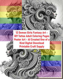 12 Demon Girls Fantasy Art - DIY Tattoo Adult Coloring Pages Poster Art - AI Created One of a Kind Digital Download  Printable Craft Supply