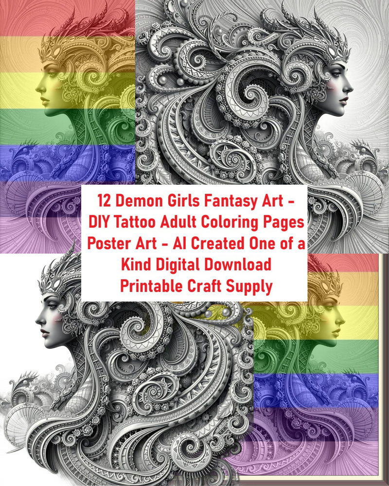 12 Demon Girls Fantasy Art - DIY Tattoo Adult Coloring Pages Poster Art - AI Created One of a Kind Digital Download  Printable Craft Supply