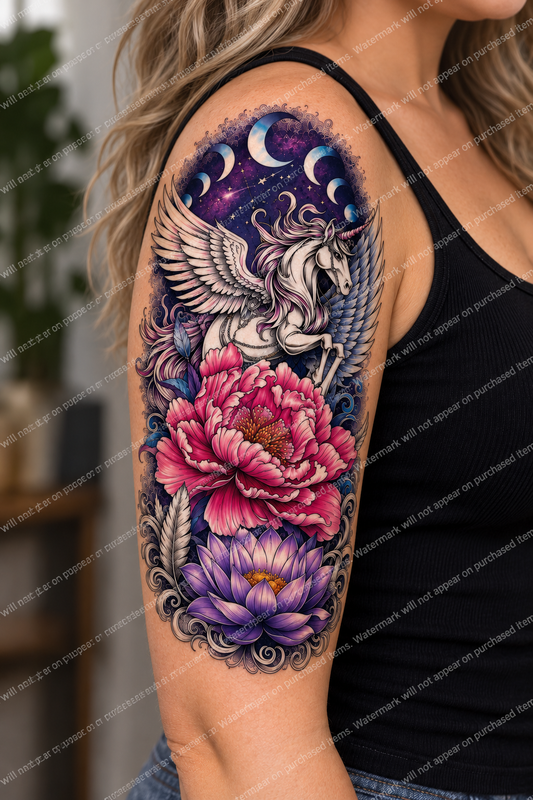Celestial Unicorn Floral Tattoo Designs – Set of 16 Printable Fantasy Temporary Tattoo Art Downloads