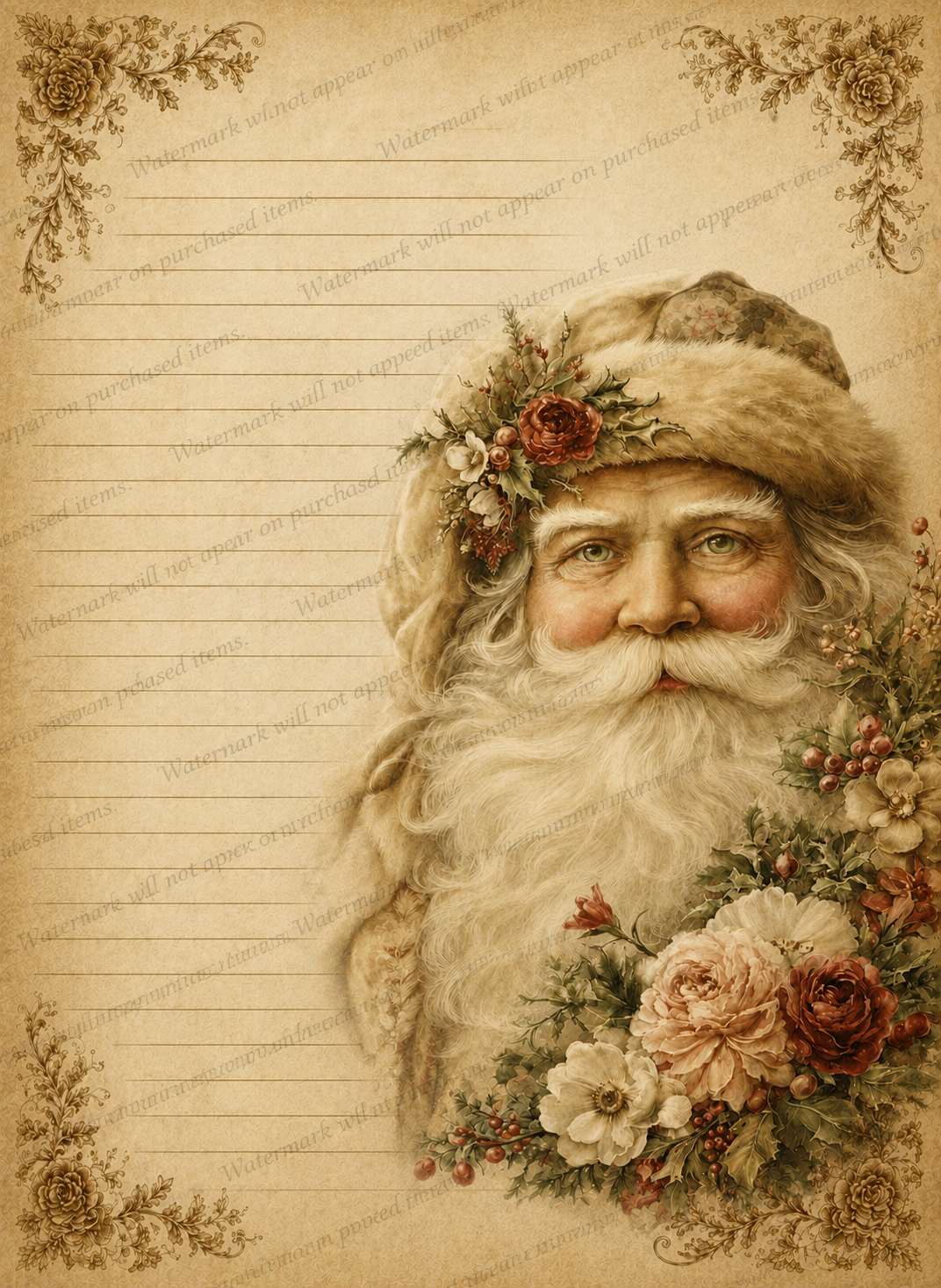 Vintage Christmas Stationery Printable Set of 5, Lined Holiday Writing Paper, Santa, Snowman, Christmas Tree, PNG Download