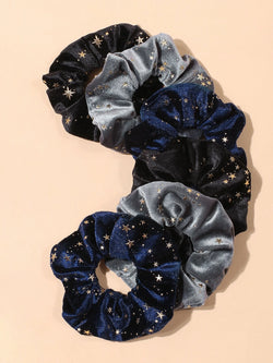 3pcs/set Star Pattern Velvet Fabric Hair Scrunchies With Gold Foil, Suitable For Daily Use