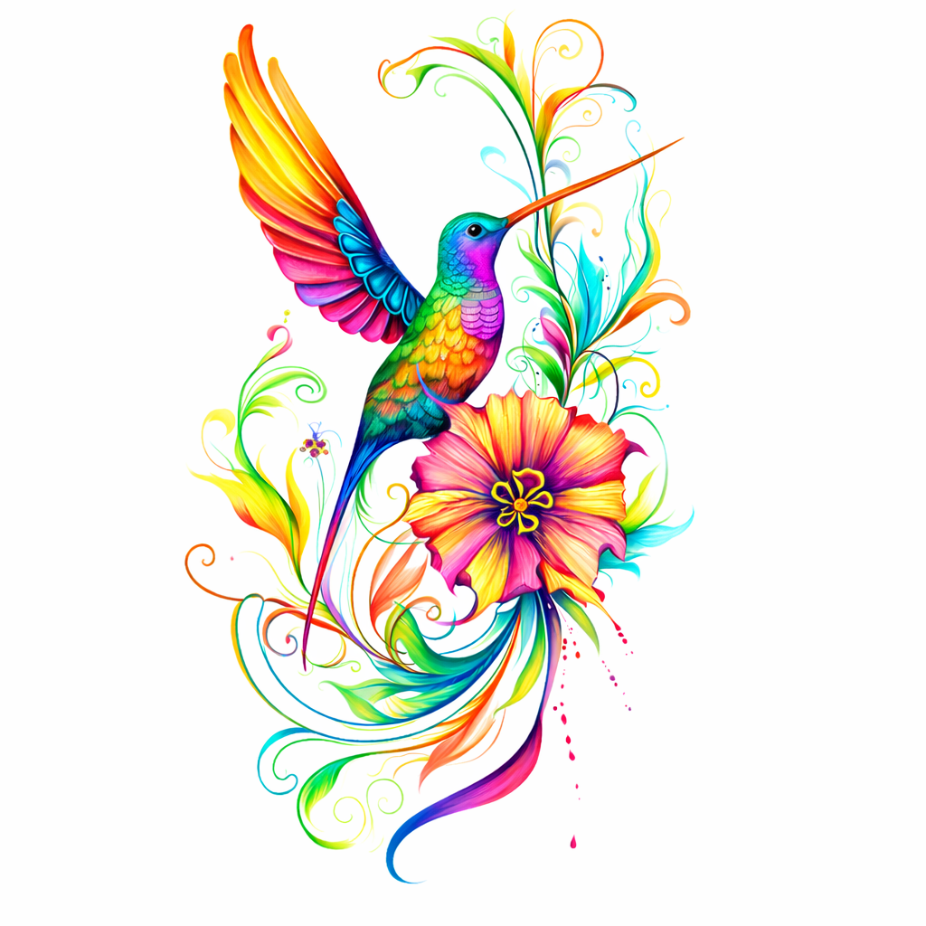 Hummingbird and Flower Tattoo Digital Download Black and White and Color PNG Elegant Nature Realistic Art
