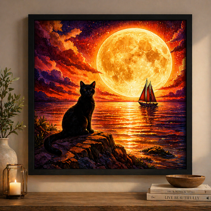 Black Cat Moonlit Ocean Art Print PNG Fantasy Night Sky Sailboat Illustration Gothic Coastal Wall Decor Mystic Seascape Digital Download