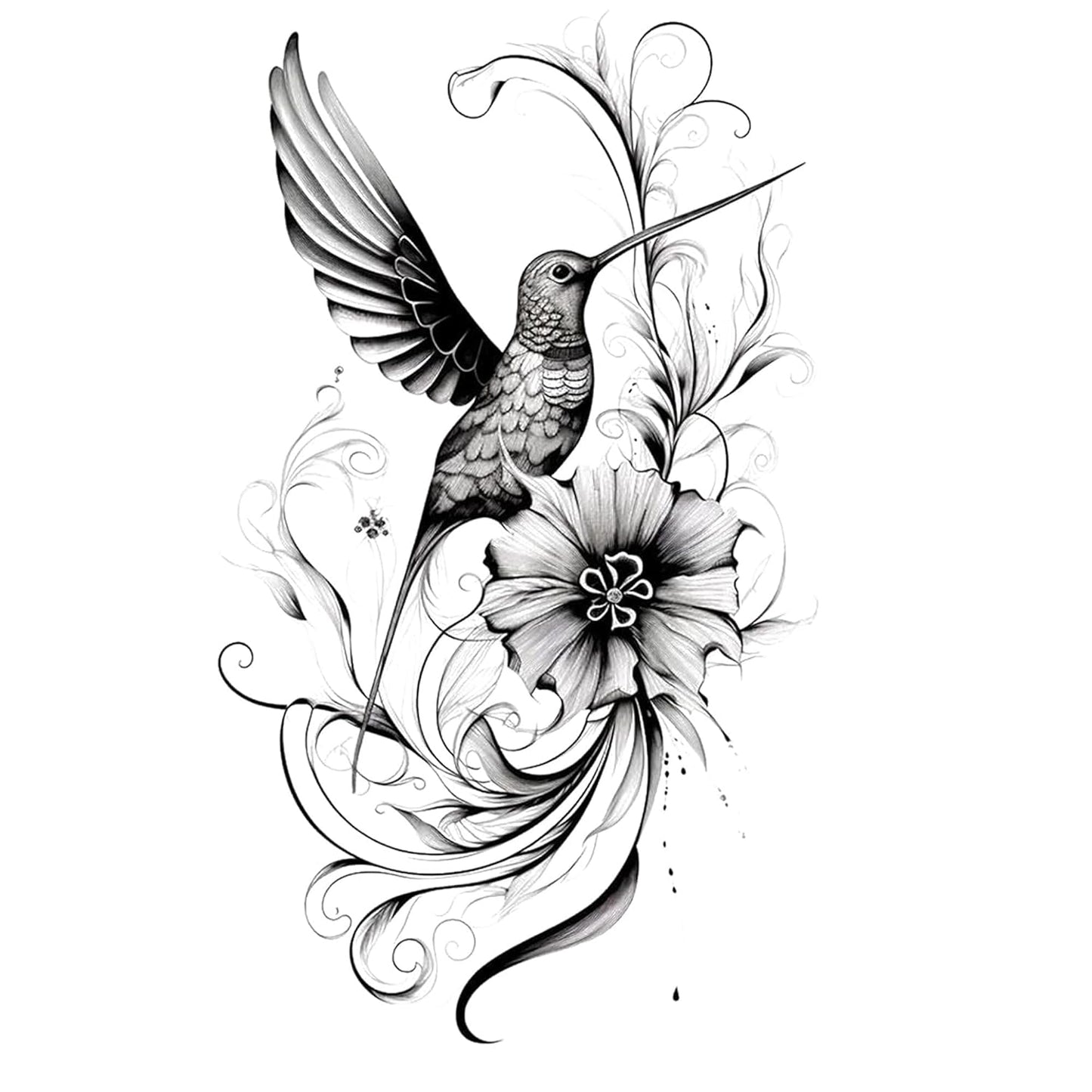 Hummingbird and Flower Tattoo Digital Download Black and White and Color PNG Elegant Nature Realistic Art
